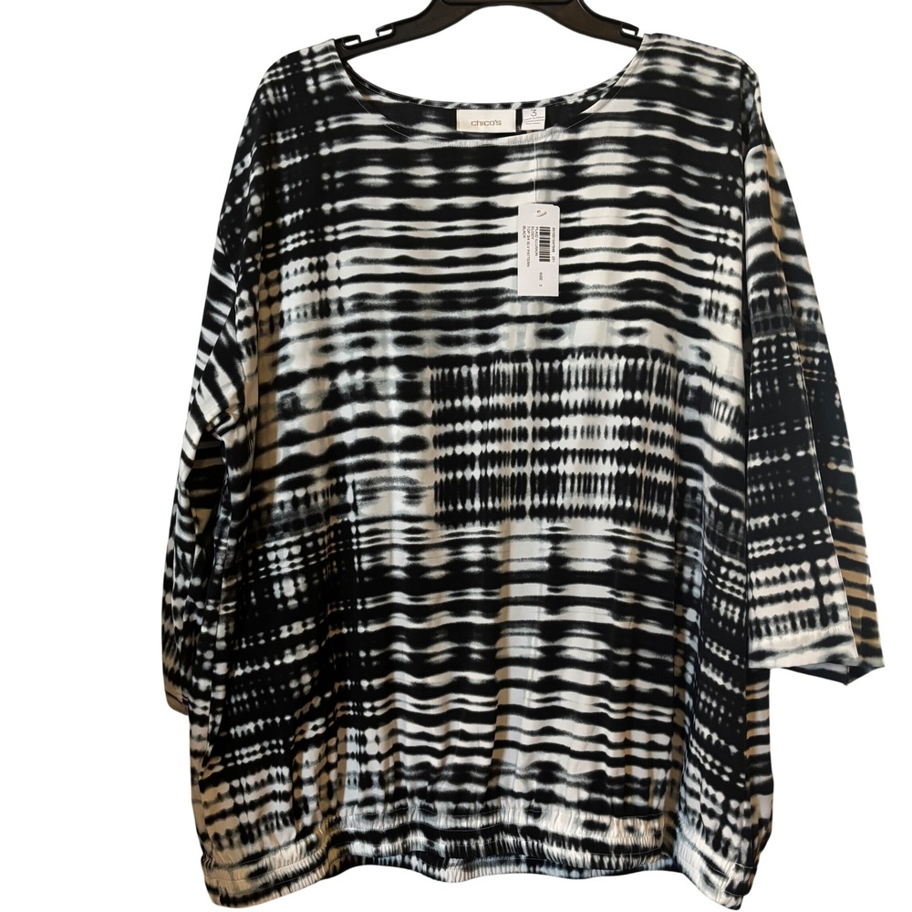 Chico's Women's Blouse Sz 3 16 XL NWT Plaid Illusion 3/4 Sleeve Pattern Black